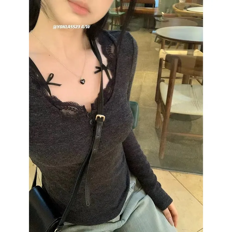 深灰色蕾丝花边T恤女长袖秋季2025新款磨毛打底衫辣妹修身上衣ins