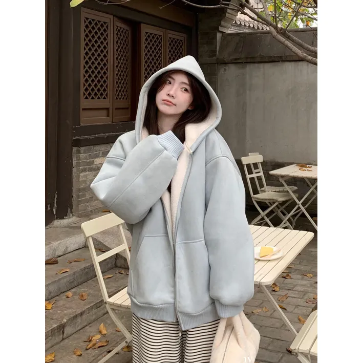 皮毛一体羊羔毛加绒外套女冬季新款淡蓝色鹿皮绒棉衣加厚夹克棉服