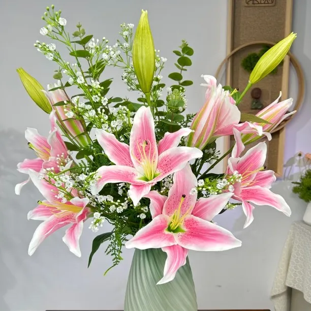 田园仿真花百合满天星尤加利花束家居装饰花假花餐桌茶几飘窗花艺