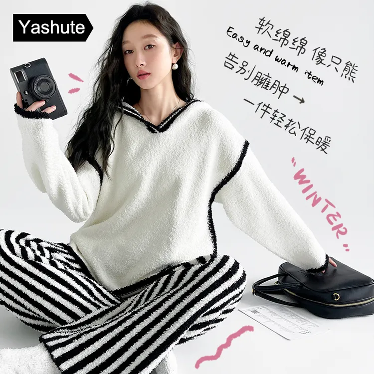 2024新款睡衣女款秋冬季高级感女士可外穿家居服加绒半边绒套装