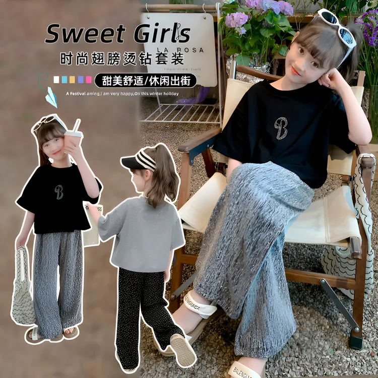 纯棉女童夏季套装时尚童装小女孩洋气时髦女宝宝烫钻翅膀炸街潮牌