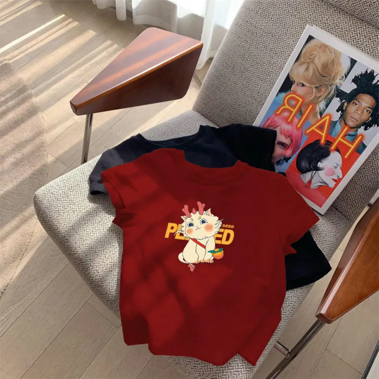 纯棉儿童短袖T恤女童夏季小女孩打底衫喜庆拜年宽松男童红色上衣