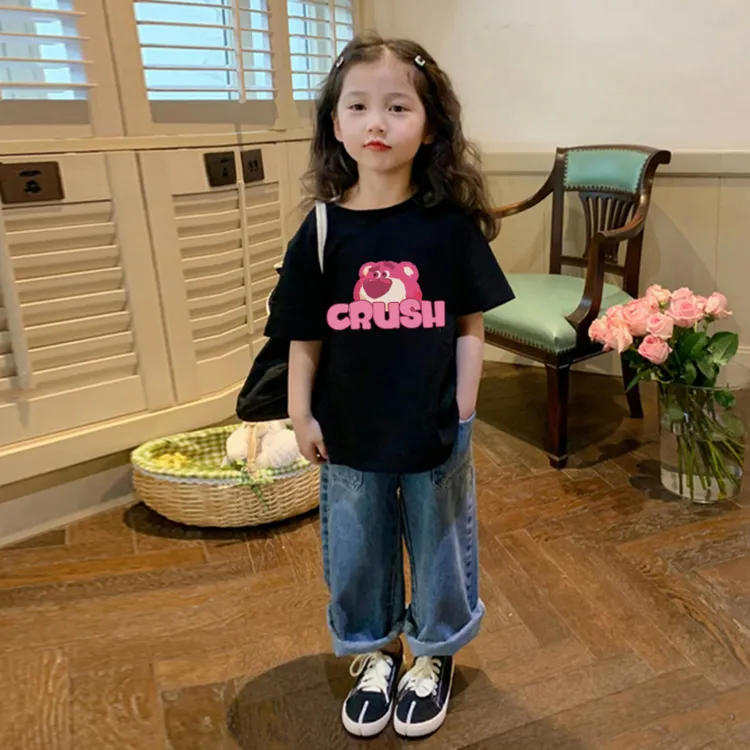 儿童装中大童t恤男孩女童短袖夏季纯棉洋气宽松白色正肩半袖上衣