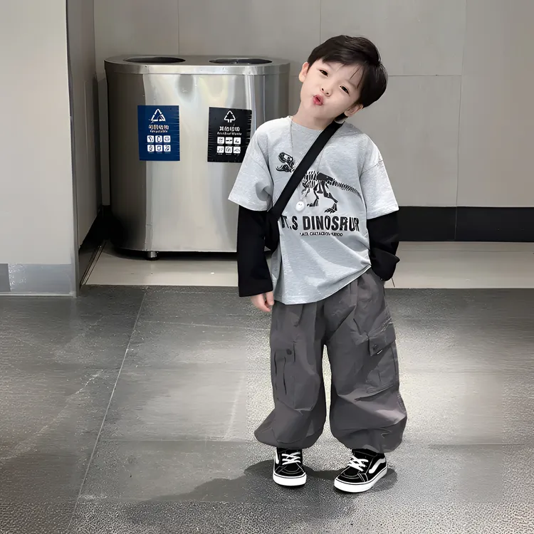 纯棉儿童长袖T恤男童上衣内搭打底衫假两件小男孩中大童儿童衣服