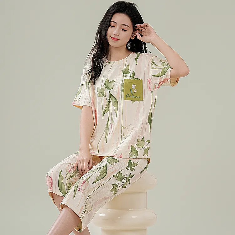 新款夏季短袖七分裤女款睡衣套装+短袖睡裙休闲家居服可外穿