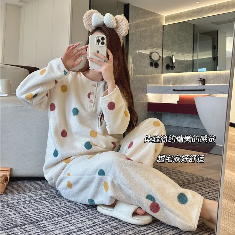 达人专属秋冬季暖心舒适保暖加厚印花圆领女士家居服睡衣套装休闲