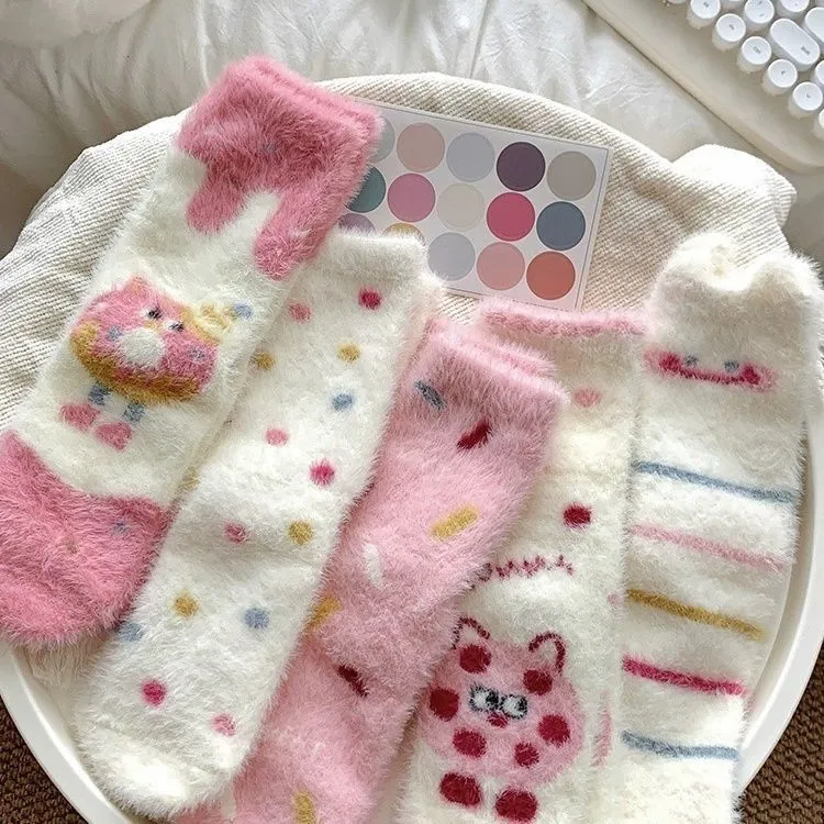 【新疆2件包邮】仿貂绒袜粉色女生加绒可爱加厚保暖睡眠袜冬季毛绒