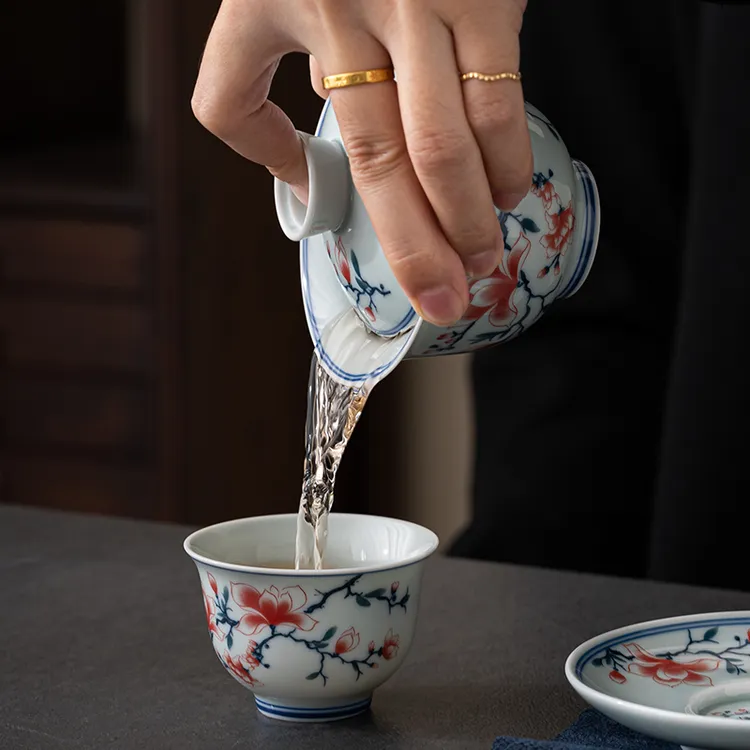 复古青花玉兰盖碗贴绘瓷盖碗功夫茶具旋转悬停釉中彩中式陶瓷泡茶