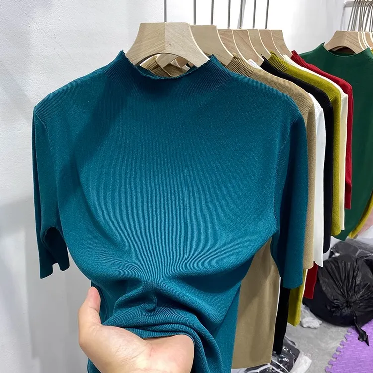 2025年春秋薄款冰丝曲珠五分袖针织衫女半高领百搭打底衫中袖T恤