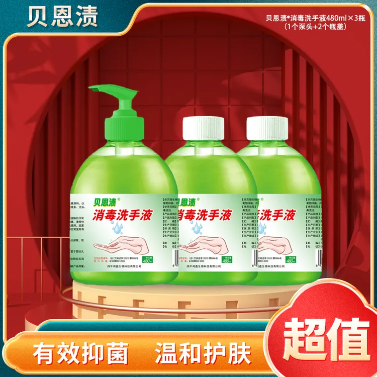 贝恩渍消毒洗手液 480ml/瓶×3瓶抑菌家用温和