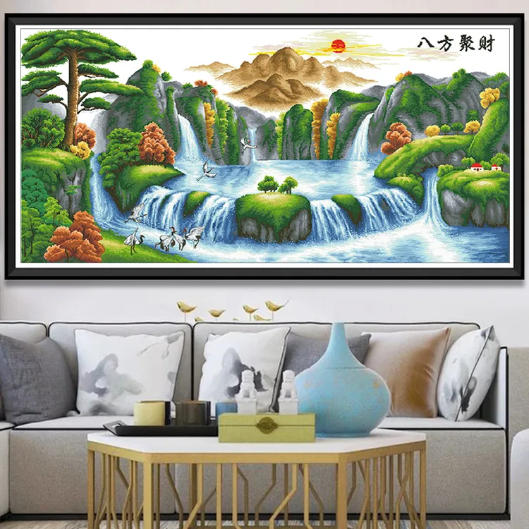 满绣十字绣2024新款客厅线绣迎客松八方聚财自己绣高清精准印花