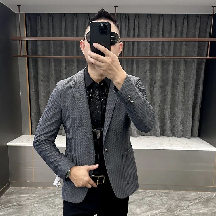 2025春季新款男士休闲时尚百搭修身潮流纯色格子弹力西服22088