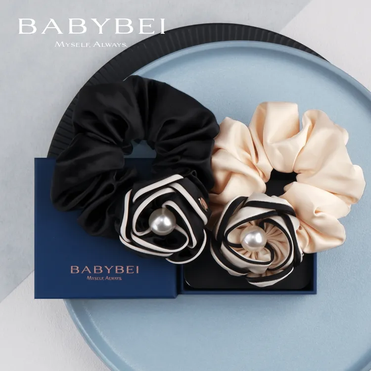 BABYBEI/初贝茶茶高亮珠中肠发圈拼色优雅法式温柔黑色米色山茶花