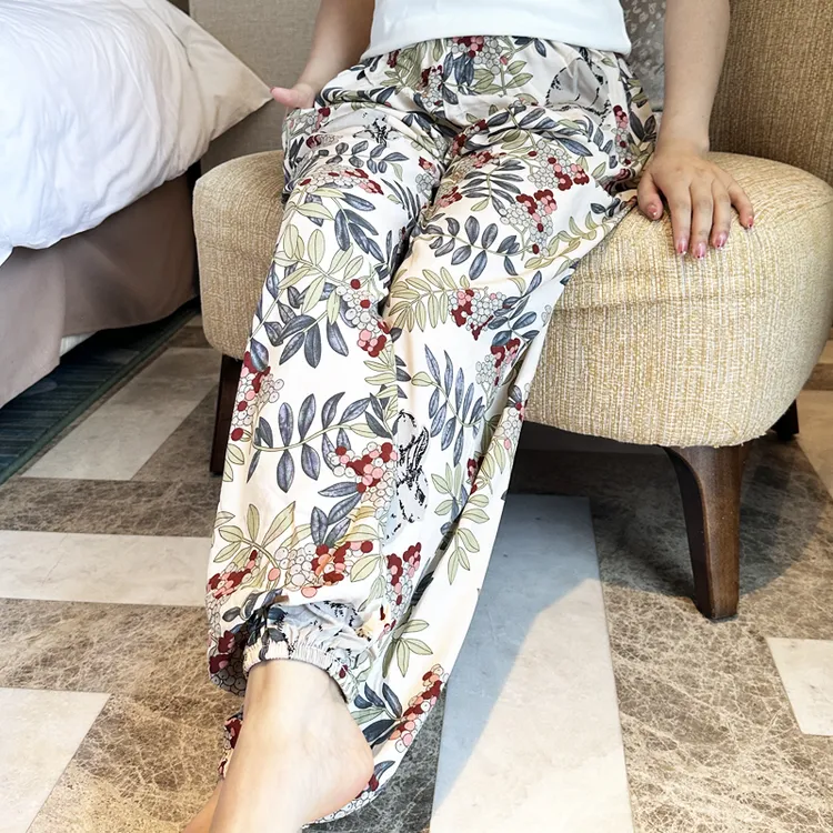 夏季新款棉绸女士薄款大码人造绵绸可外穿家居碎花长裤子宽松睡裤