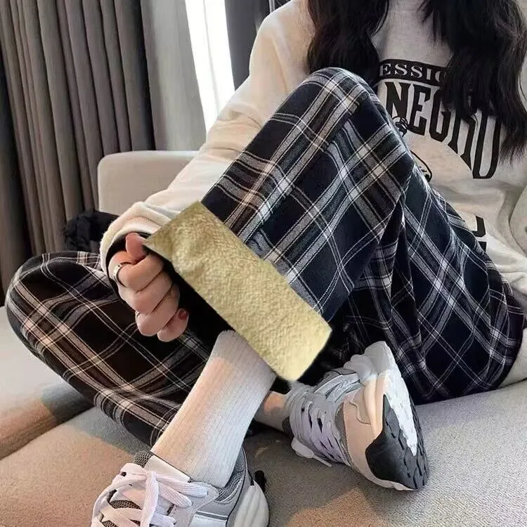 羊羔绒裤女冬季加绒加厚新款格子直筒休闲阔腿裤保暖棉裤家居睡裤