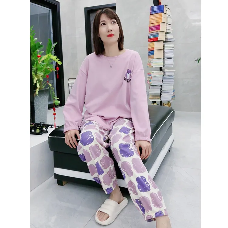 特大码睡衣女纯棉春秋长袖韩版显瘦套装可爱卡通运动可外穿家居服