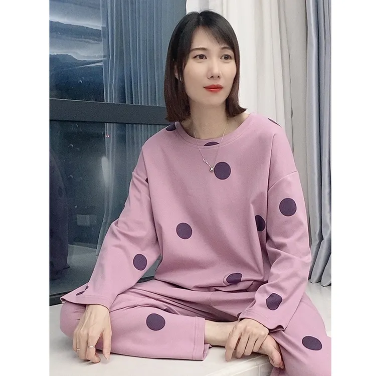 秋季女士睡衣纯棉长袖休闲圆点套装秋冬宽松特大码可外穿女家居服