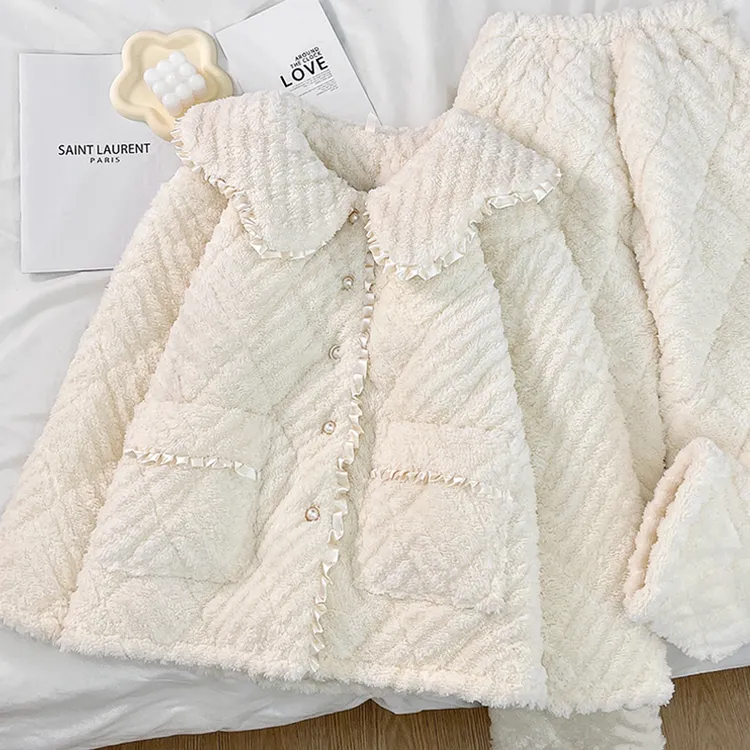 娃娃领睡衣女冬季加厚三层夹棉保暖可外穿小香风珊瑚绒家居服套装