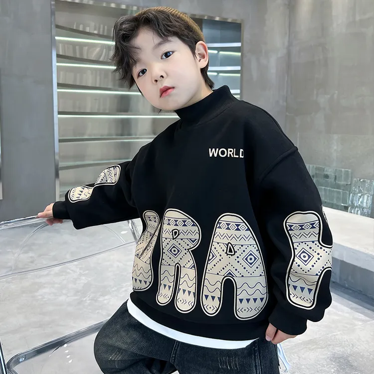 男童加绒卫衣半高领秋冬款2023新款儿童冬季一体绒厚上衣帅气潮