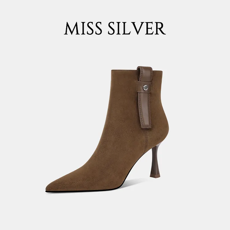 MISSSILVER细跟短靴女2025冬季新款真皮气质时尚高跟短靴