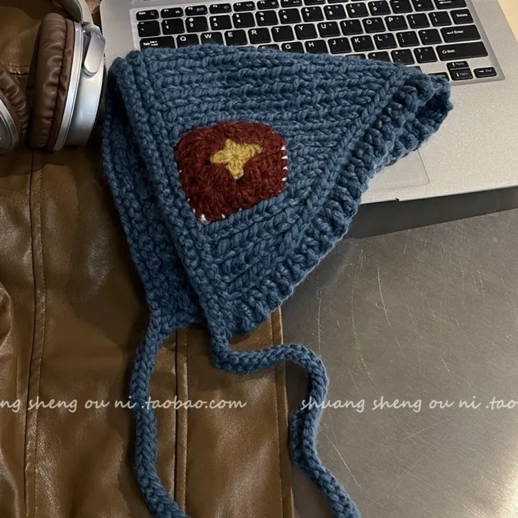 韩国新款复古手工系带针织三角头巾女秋冬保暖耳罩护耳毛线包头帽