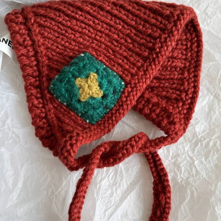 韩国新款复古手工系带针织三角头巾女秋冬保暖耳罩护耳毛线包头帽