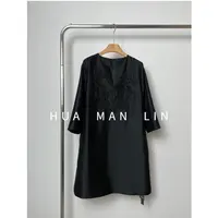 【花滿林】新款桑蚕丝丝毛圆V领重工钉珠后拉链净版长袖连衣裙7623