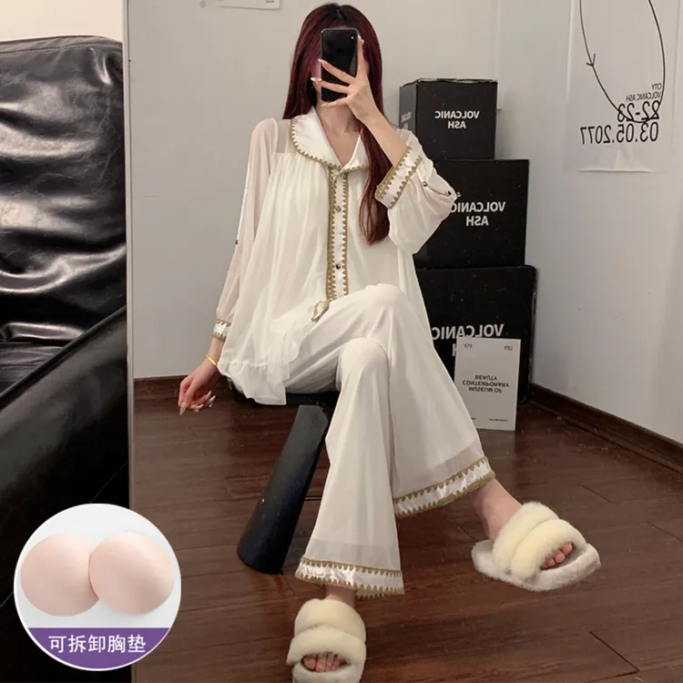 网纱睡衣女款春秋套装爆款2025新款高贵上档次自带胸垫长袖家居服