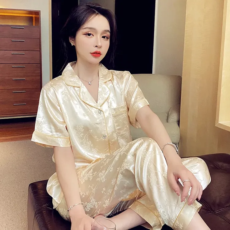 冰丝睡衣女款夏季套装爆款2025新款仿真丝女士薄款短袖长裤家居服