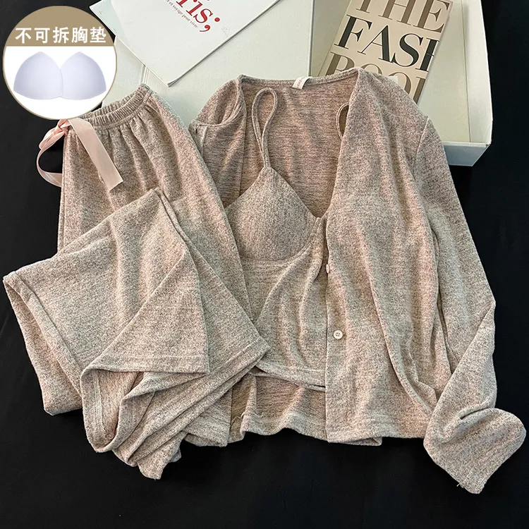 带胸垫睡衣女士春秋冬季纯棉三件套装吊带长袖高颜值家居服可外穿