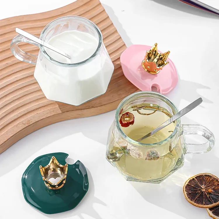 高颜值早餐杯皇冠水杯把手玻璃水杯咖啡杯带勺女生杯子情侣杯茶杯