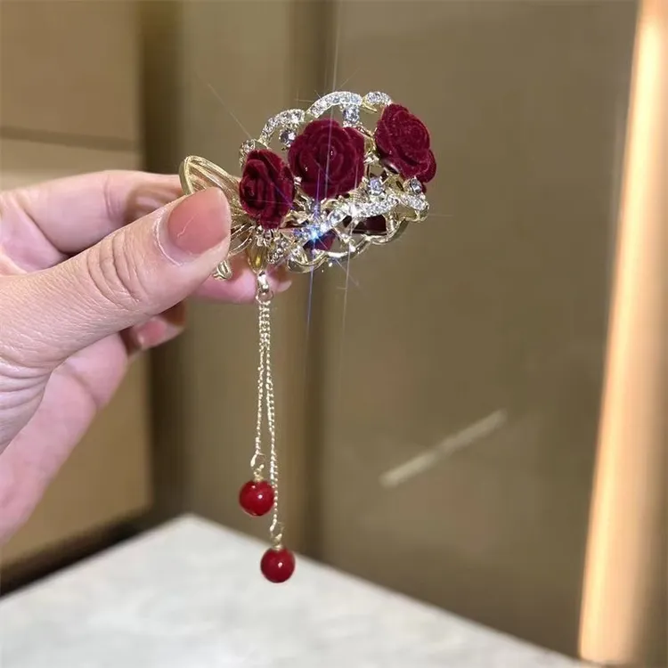 植绒玫瑰花头饰高马尾抓夹女固定神器后脑勺流苏盘发184号