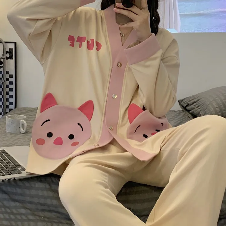 大码可爱小猪印花V领睡衣女新款长袖长裤家居服两件套可外穿