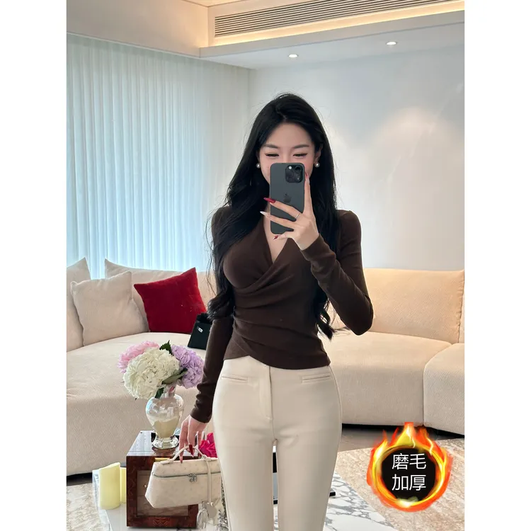 纯欲风辣妹长袖上衣女修身时尚显瘦褶皱设计V领T恤紧身百搭气质