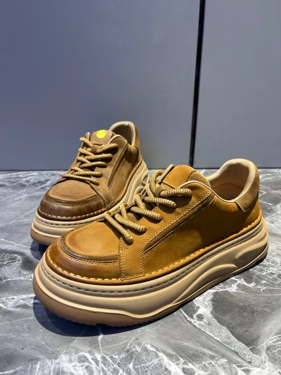 2024秋冬新款头层牛皮松糕厚底增高真皮透气复古工装休闲系带男鞋