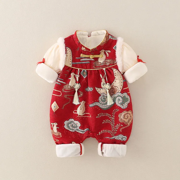 女宝宝百天秋冬过年婴儿拜年衣服喜庆婴幼儿周岁宴生日礼服抓周服