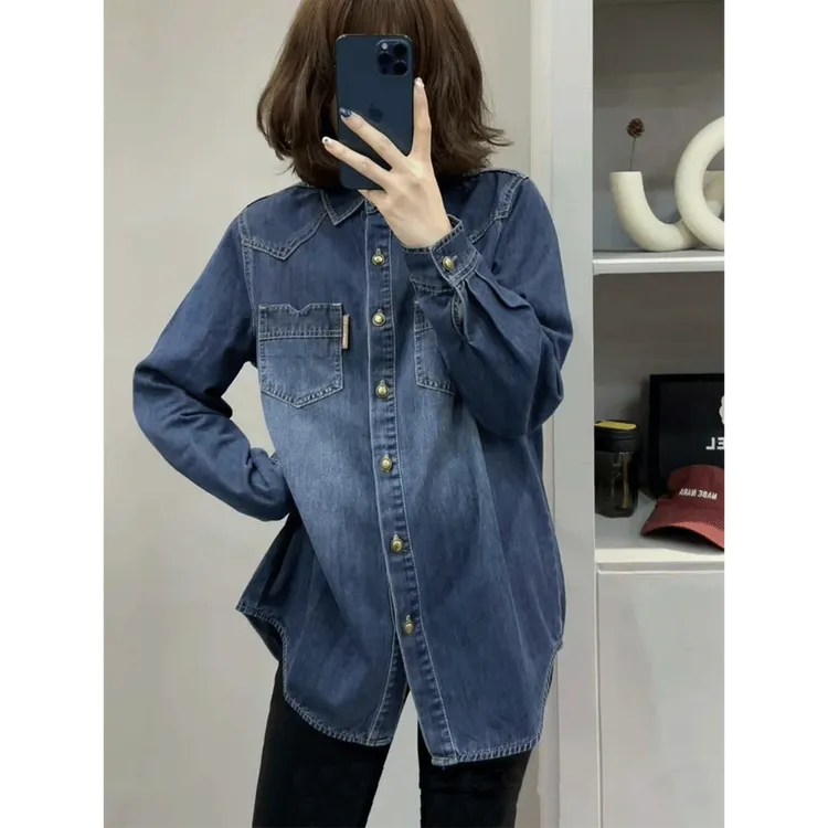春秋牛仔衬衫女长袖时尚新款宽松设计感叠穿上衣休闲百搭衬衣外套
