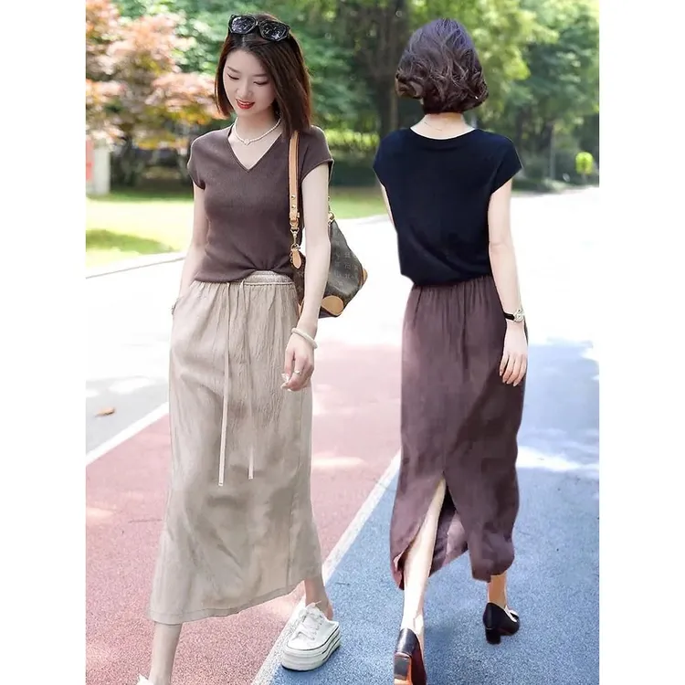 醋酸缎面系带半身裙女夏季新款高腰洋气遮肉垂感中长款时尚女装潮