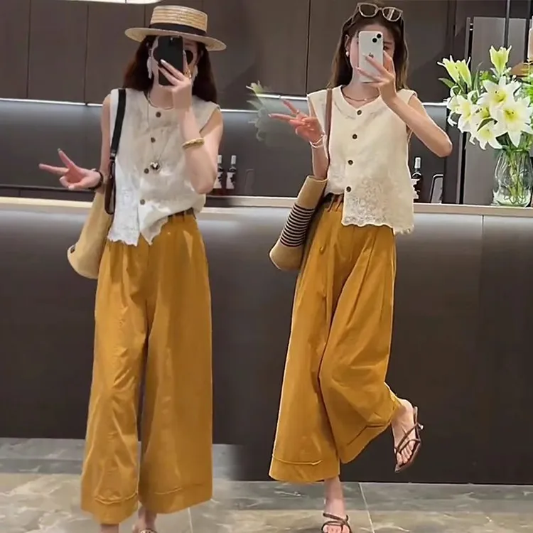 今年流行的夏装套装镂空无袖上衣阔腿裤小个子显高时尚减龄两件套