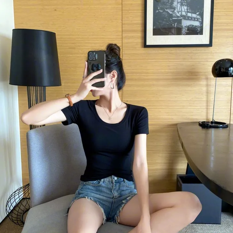 圆领短袖t恤女夏季新款韩版修身显瘦黑色冰丝上衣紧身洋气百搭ins