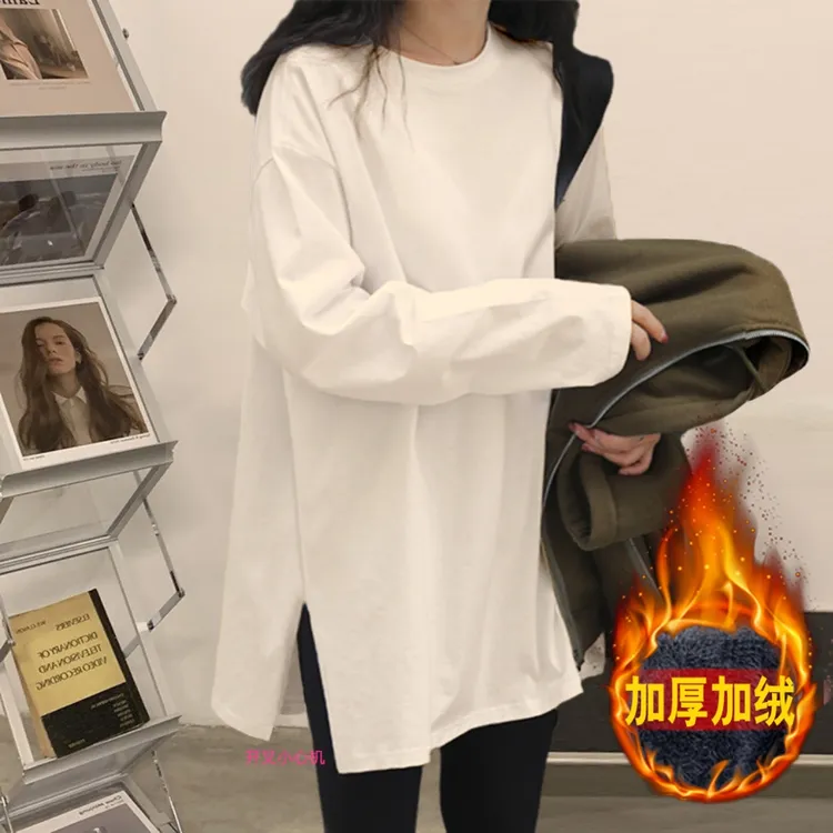 加绒长袖t恤女春秋冬中长款宽松大码韩版内搭上衣加厚洋气打底衫