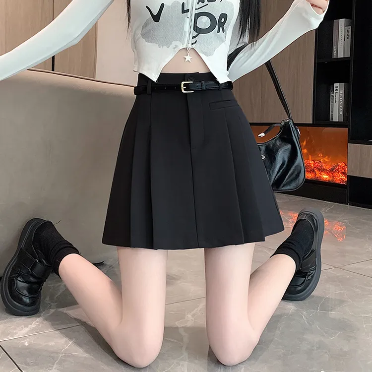黑色显瘦半身裙女春秋新款韩版百搭高腰a字小个子防走光百褶裙子