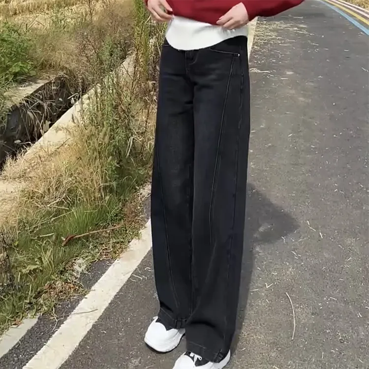 潮牌秋冬新款复古深色水洗加绒牛仔裤女显瘦老钱风松弛感女装贵气