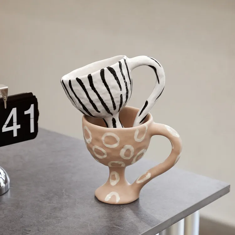 复古趣味高脚杯设计感小众陶瓷咖啡杯酸奶早餐杯高档精致