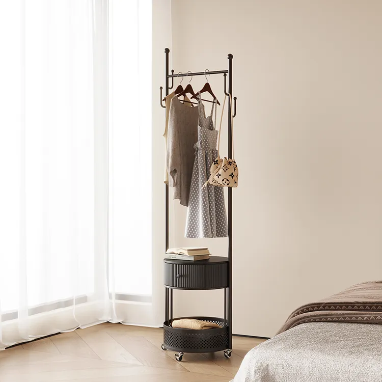 高级感挂衣架落地立式客厅可移动中古风衣帽架床头柜挂衣架一体