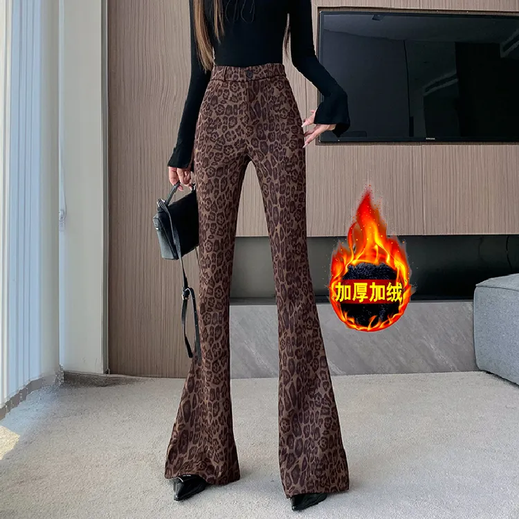 高街辣妹豹纹喇叭裤女加绒秋冬2024新款时尚高腰显瘦休闲裤拖地裤