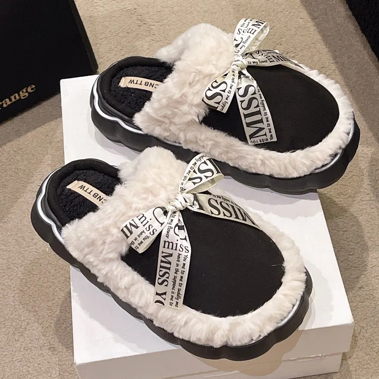 时尚蝴蝶结包头棉拖鞋冬厚底百搭网红棉拖鞋女防滑保暖加绒毛毛拖