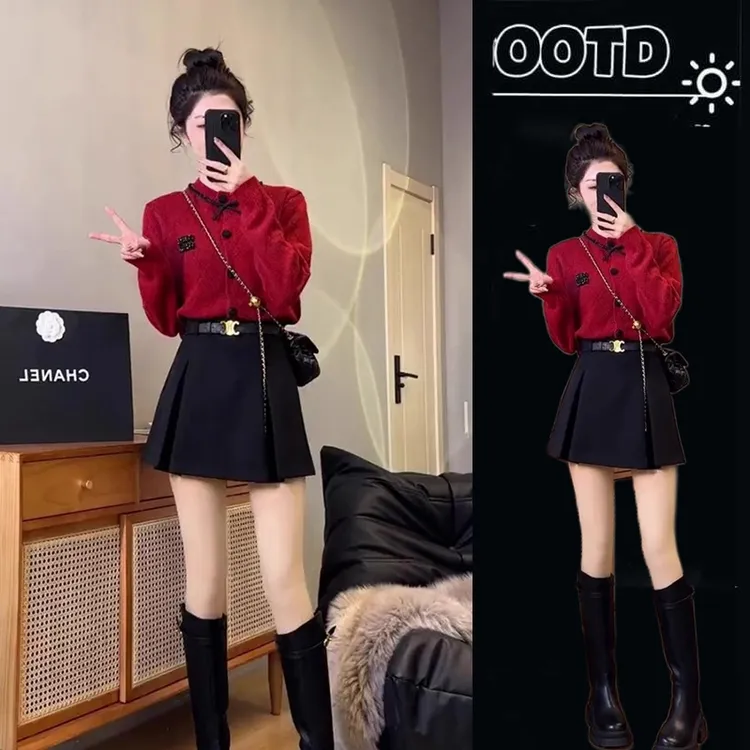 深冬装搭配一整套小香风气质显瘦针织红色毛衣高腰跨年两件套裙子