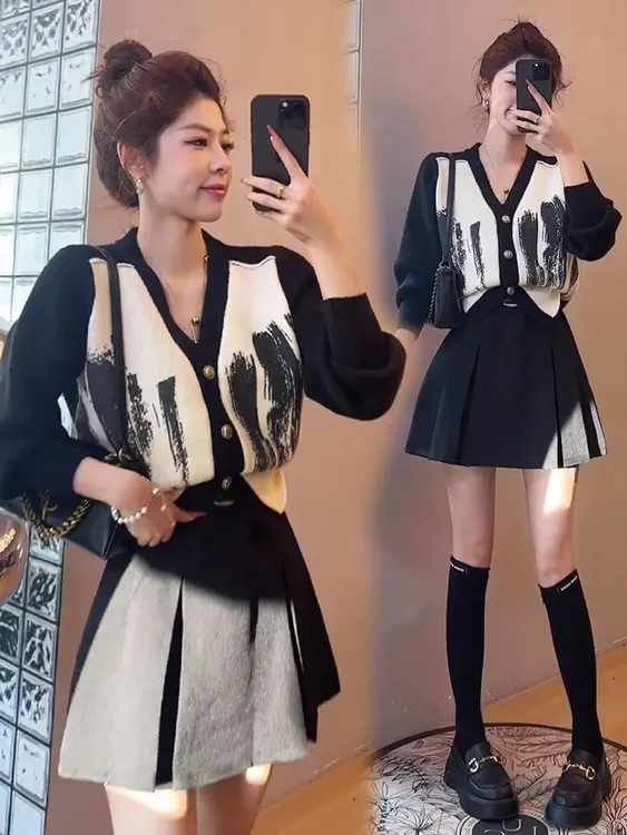 秋冬穿搭一整套女装时尚百搭V领撞色拼接针织毛衣A字高腰过年套装