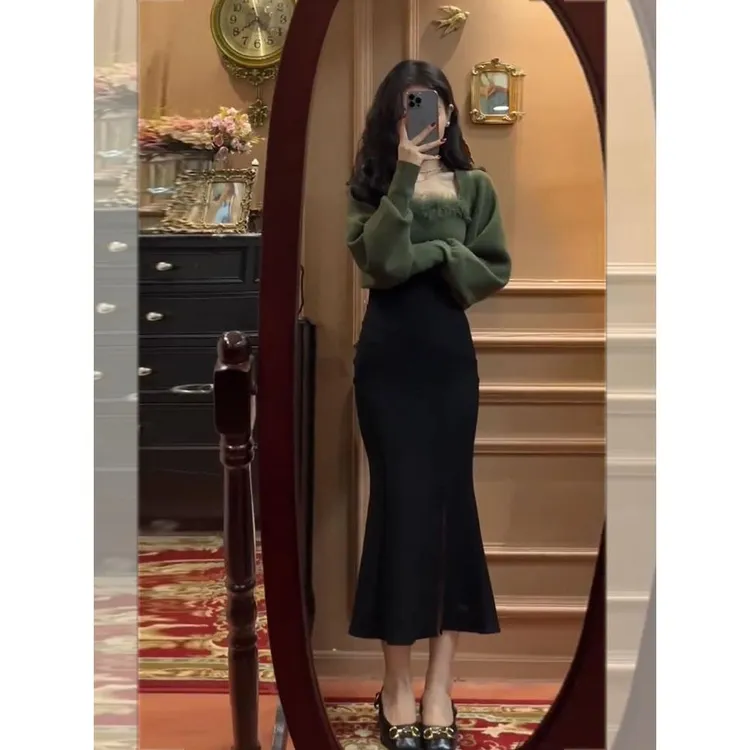 早秋穿搭一整套女装韩系高级感绿色针织毛衣高腰鱼尾半身裙两件套